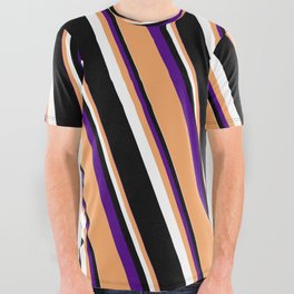 [ Thumbnail: Indigo, Brown, White & Black Colored Striped Pattern All Over Graphic Tee ]