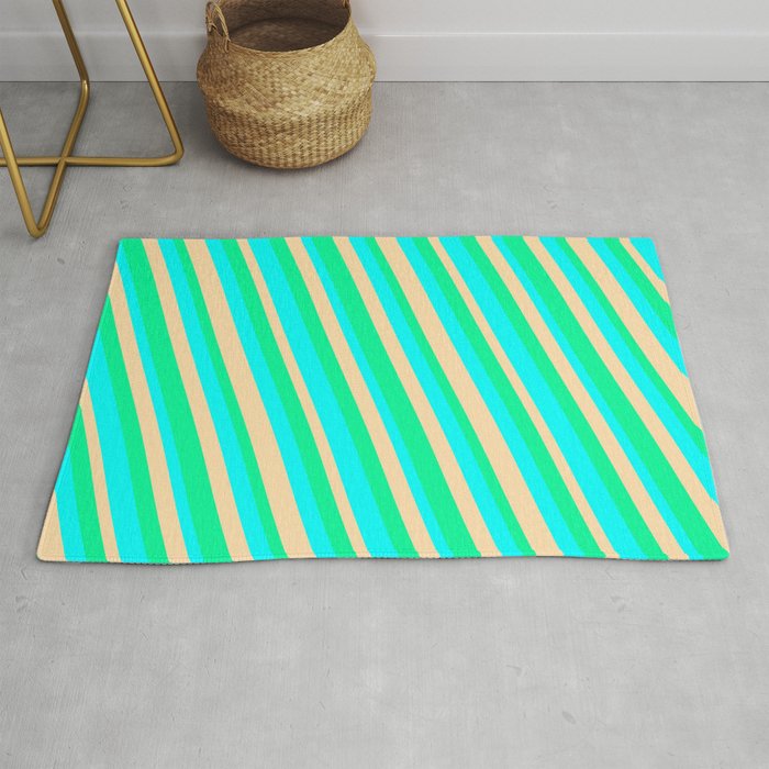 Aqua, Tan, and Green Colored Striped/Lined Pattern Rug