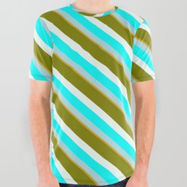 [ Thumbnail: Eye-catching Green, Mint Cream, Aqua, Powder Blue, and Goldenrod Colored Striped/Lined Pattern All Over Graphic Tee ]