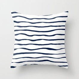Ocean Ripple Organic Stripes in Nautical Navy Blue and White Throw Pillow
