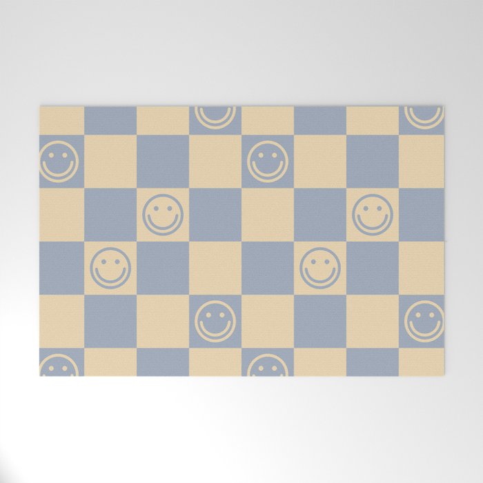 Cute Smiley Faces on Checkerboard \\ Neutral Color Palette Welcome Mat