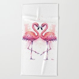 Flamingo Watercolor Two Flamingos in Love Beach Towel