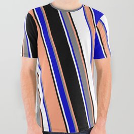 [ Thumbnail: Vibrant Light Salmon, Gray, Blue, White & Black Colored Lined/Striped Pattern All Over Graphic Tee ]