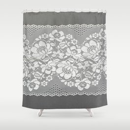 White color straight strip of lace fabric on gray background. Elastic silk nylon braid border. Shower Curtain