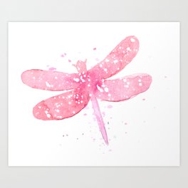 watercolor pink dragonfly painting spatter pink insect bug flying wings girls animal Art Print