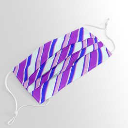 [ Thumbnail: Dark Violet, Plum, Light Cyan & Blue Colored Lined/Striped Pattern Face Mask ]
