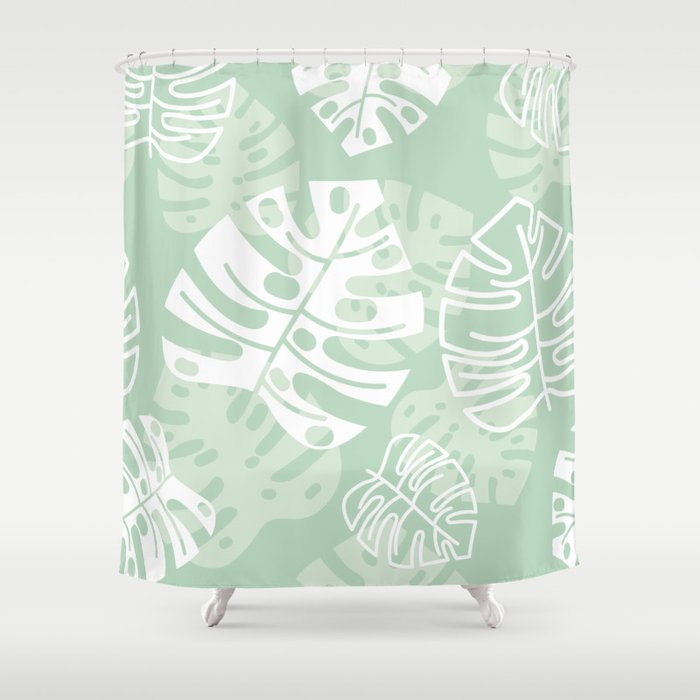 Minty Monstera Leaves Shower Curtain