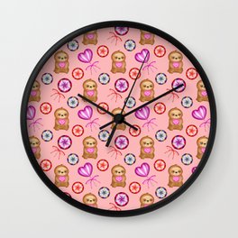 Funny happy little pink baby sloths holding pink hearts. Sweet vintage retro lollipops. Cute pattern Wall Clock