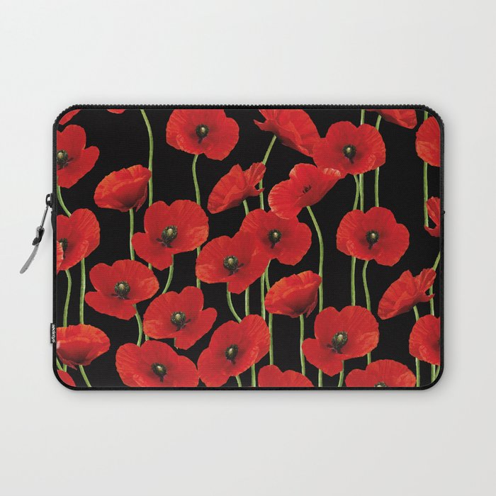 Poppies Flowers black background pattern graphic Laptop Sleeve