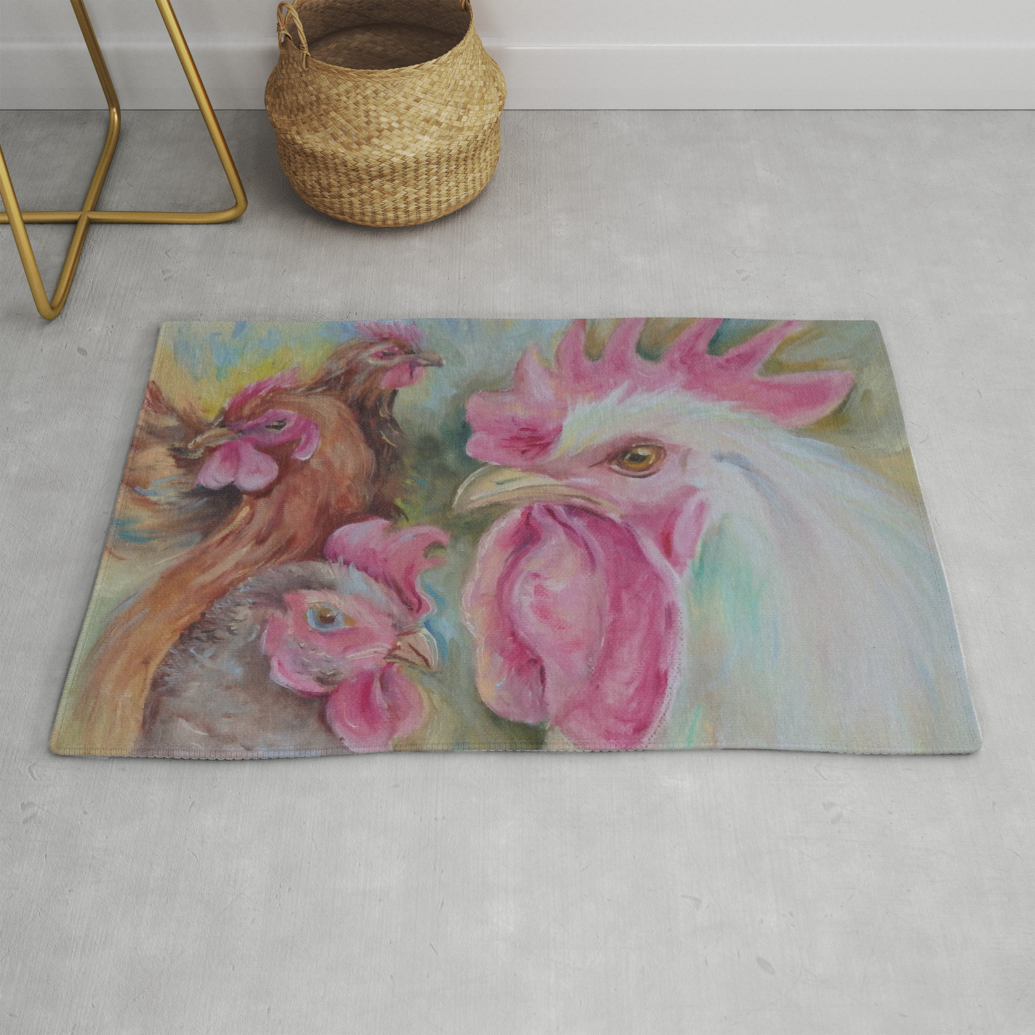Rooster Hen Chickens Painting Country Style Decor Vegan Birds