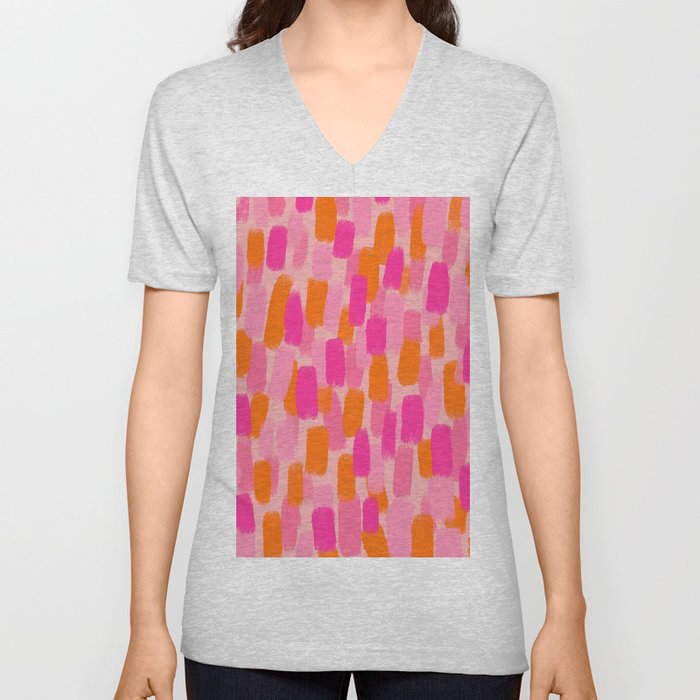 Abstract, Paint Brush Effect, Orange and Pink V Neck T Shirt
