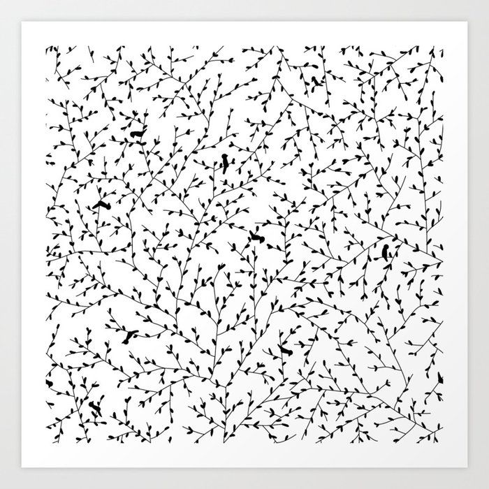 Birds Tree Branches Monochromatic Lines Seamless Pattern Abstract