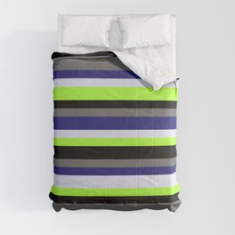 [ Thumbnail: Eyecatching Midnight Blue, Lavender, Light Green, Black, and Dim Gray Colored Stripes/Lines Pattern Comforter ]