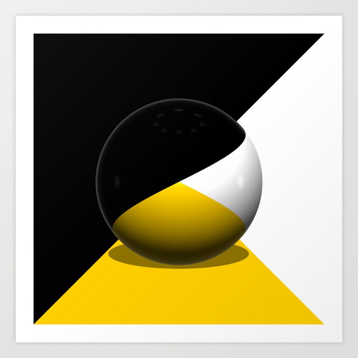 3D Triangular Distorted Illusion Sphere - Black White Yellow Art Print