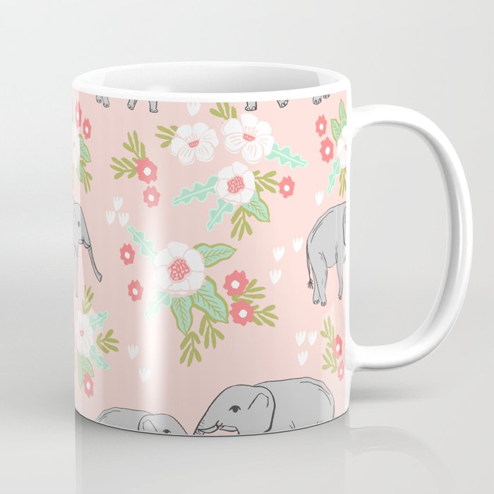 Elephants pattern blush pink pastel with florals cute nursery baby animals lucky gifts Coffee