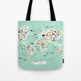 Cartoon animal world map for children, kids, Animals from all over the world, back to school, mint Tote Bag