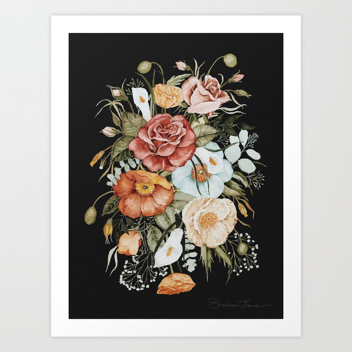 Roses and Poppies Bouquet on Charcoal Black Art Print