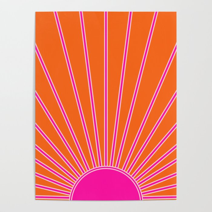 Sun Print Sunrise Orange And Hot Pink Sunshine Retro Sun Wall Art Vintage Boho Abstract Modern Decor Poster
