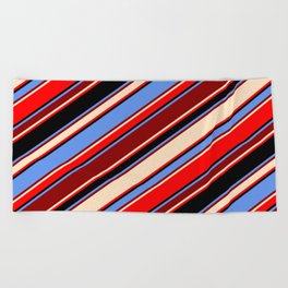 [ Thumbnail: Cornflower Blue, Dark Red, Bisque, Red & Black Colored Stripes Pattern Beach Towel ]