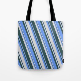 [ Thumbnail: Cornflower Blue, Light Grey & Dark Slate Gray Colored Lines/Stripes Pattern Tote Bag ]