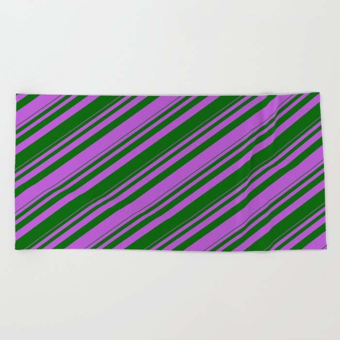 Orchid & Dark Green Colored Striped Pattern Beach Towel