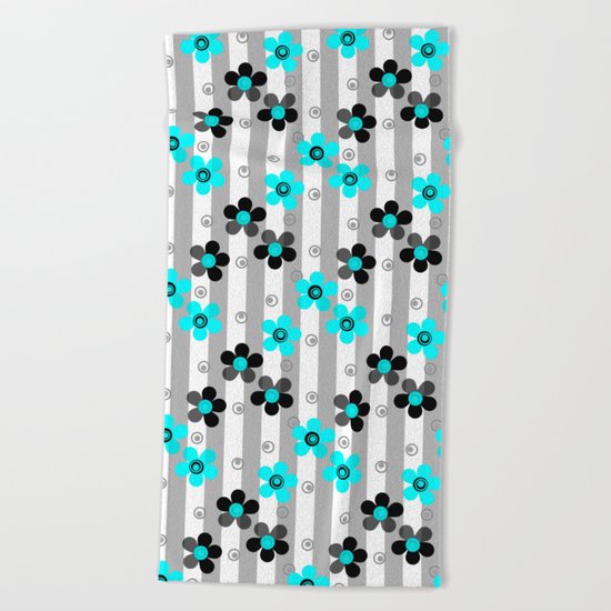 Black and turquoise floral pattern . Beach Towel