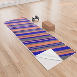 [ Thumbnail: Blue, Dim Gray, and Coral Colored Lines Pattern Yoga Towel ]