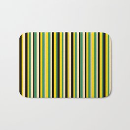 [ Thumbnail: Sea Green, Beige, Black & Yellow Colored Pattern of Stripes Bath Mat ]