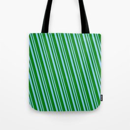 [ Thumbnail: Light Sky Blue & Green Colored Pattern of Stripes Tote Bag ]