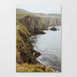 Moody Fog Coast Landscape Print, Ocean crashing on cliff edge & rocks from Ireland, UK | Modern & Calm Travel Photography, Wall Decor Canvas Print