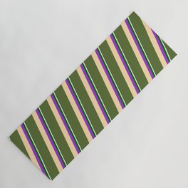 [ Thumbnail: Dark Olive Green, Tan, Dark Orchid, Dark Green, and White Colored Striped/Lined Pattern Yoga Mat ]