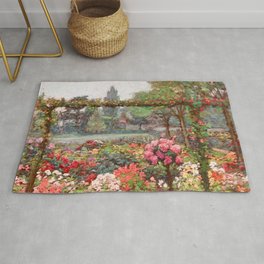 Un jardin d'ete flower garden with Cathedral - post impressionist flowers landscape oil by Octave Guillonnet Area & Throw Rug