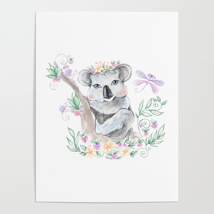 Baby koala with blue eyes and flowers Poster