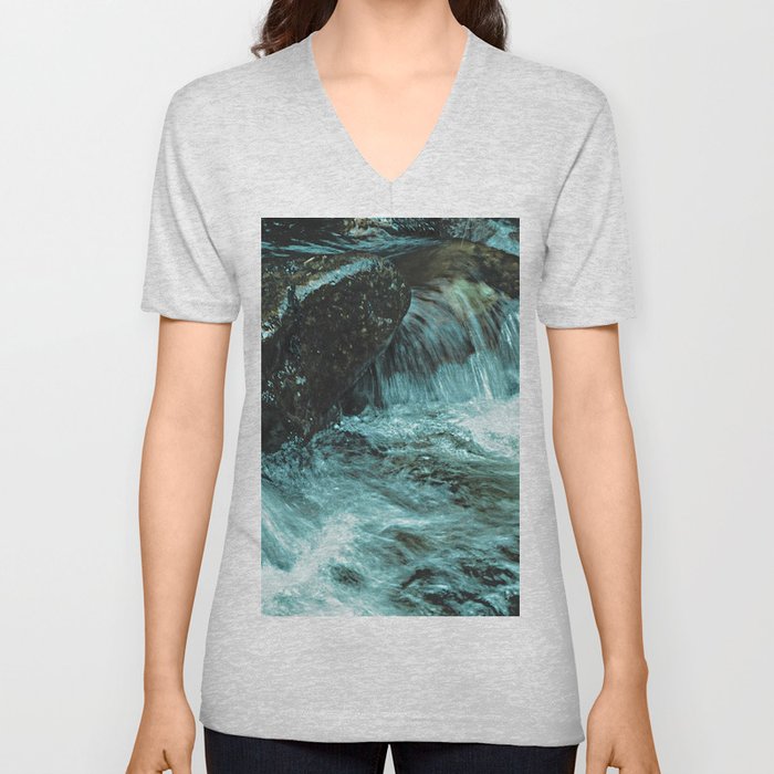Fast Flowing Waters in the Scottish Highlands in Tundra V Neck T Shirt