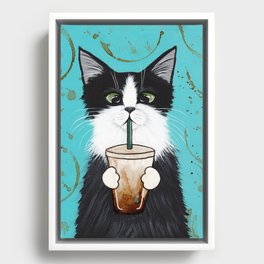 Tuxedo Cat With Iced Coffee Framed Canvas