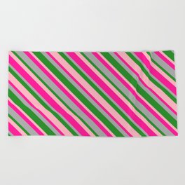 [ Thumbnail: Deep Pink, Dark Gray, Forest Green, and Light Pink Colored Lines/Stripes Pattern Beach Towel ]