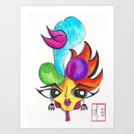Doña Catarina Art Print | Mexicanlady, Doll, Bigeyes, Ink Pen, Bighair, Colorful, Elegant, Mexicanartist, Lovely, Drawing 