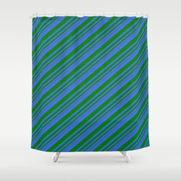 [ Thumbnail: Royal Blue and Green Colored Lines/Stripes Pattern Shower Curtain ]