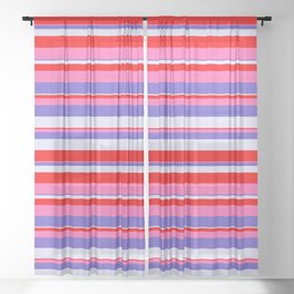 [ Thumbnail: Slate Blue, Lavender, Red & Hot Pink Colored Stripes/Lines Pattern Sheer Curtain ]