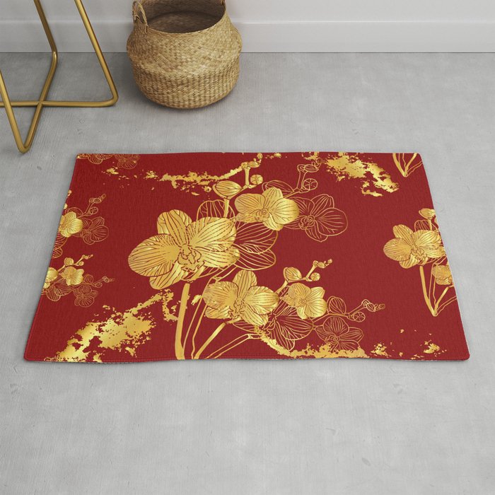 Gold & Maroon Floral Orchid Pattern Rug