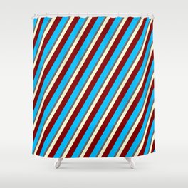 [ Thumbnail: Eyecatching Sky Blue, Dim Grey, Light Yellow, Maroon, and Deep Sky Blue Colored Lined Pattern Shower Curtain ]