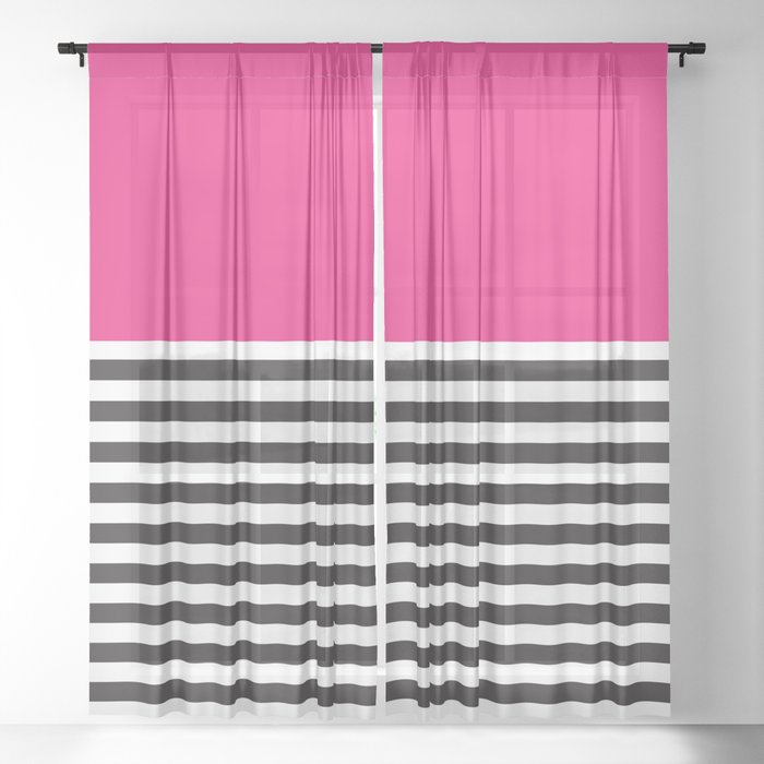 Hot Pink Magenta and Black and White Stripe Sheer Curtain