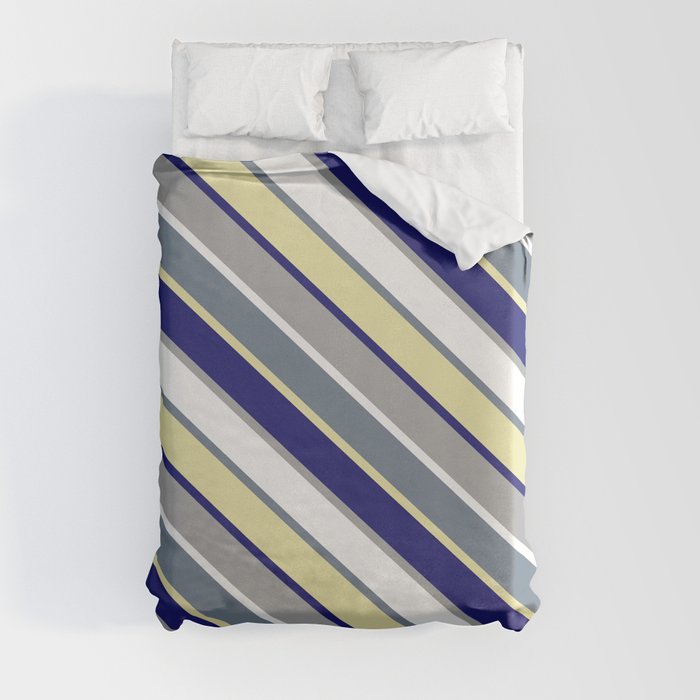 Colorful Slate Gray, Pale Goldenrod, Midnight Blue, Dark Grey & White Colored Lined Pattern Duvet Cover