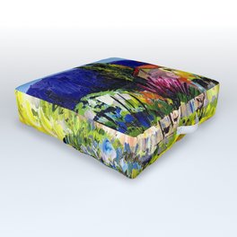 Mediterranean villa colorful tropical countryside garden and flowers flora and fauna landscape acrylic painting Outdoor Floor Cushion