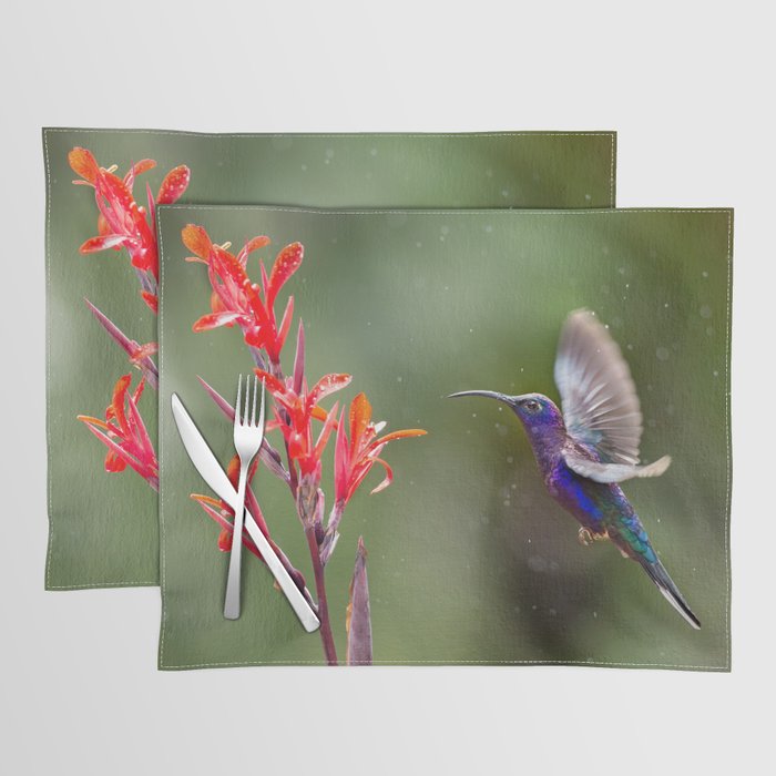 Purple and Blue Hummingbird with Little Red Flowers and Light Rain - Bird / Animal / Wildlife / Floral Nature Photograph Placemat And More