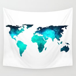 World Map Space Galaxy Stars in Turquoise Wall Tapestry