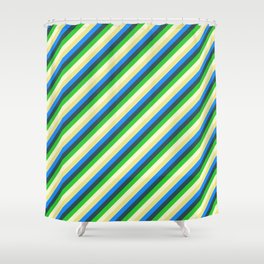 [ Thumbnail: Eyecatching Light Yellow, Tan, Blue, Dark Slate Gray, and Lime Green Colored Lined/Striped Pattern Shower Curtain ]