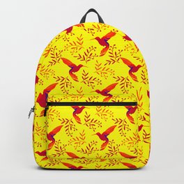 Pretty beautiful cute red hummingbirds, delicate twigs with little leaves yellow pattern. Gift ideas Backpack