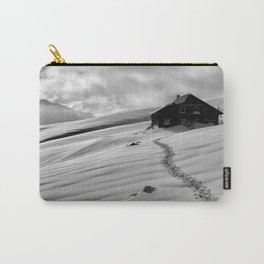 Snowcapped alpine mountain cottage - cabin winter landscape black and white photograph - photography - photographs Carry-All Pouch