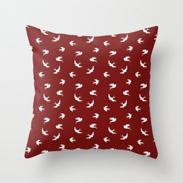 White Flying Birds Seamless Pattern on Burgundy background Throw Pillow